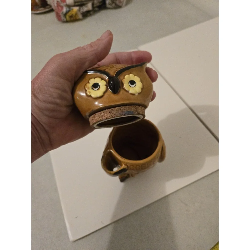 Vintage 70s Ceramic Brown Owl Coffee Canister Jar Retro Kitchen Decor Japan